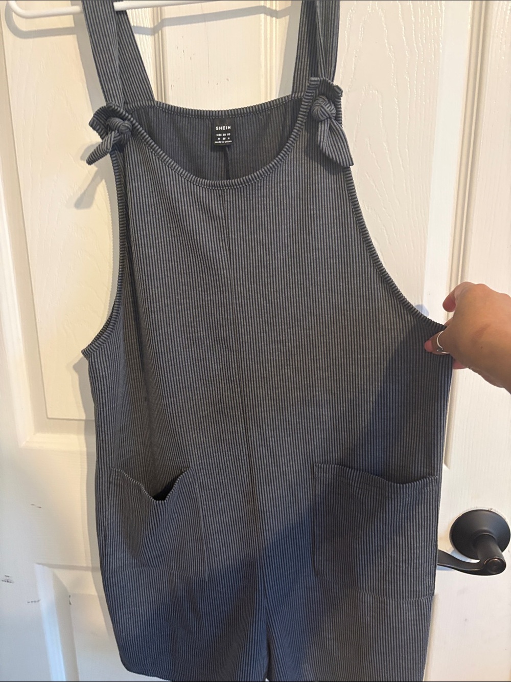 SHEIN Charcoal Ribbed Tie-Shoulder Pocket Tunic Romper shorts